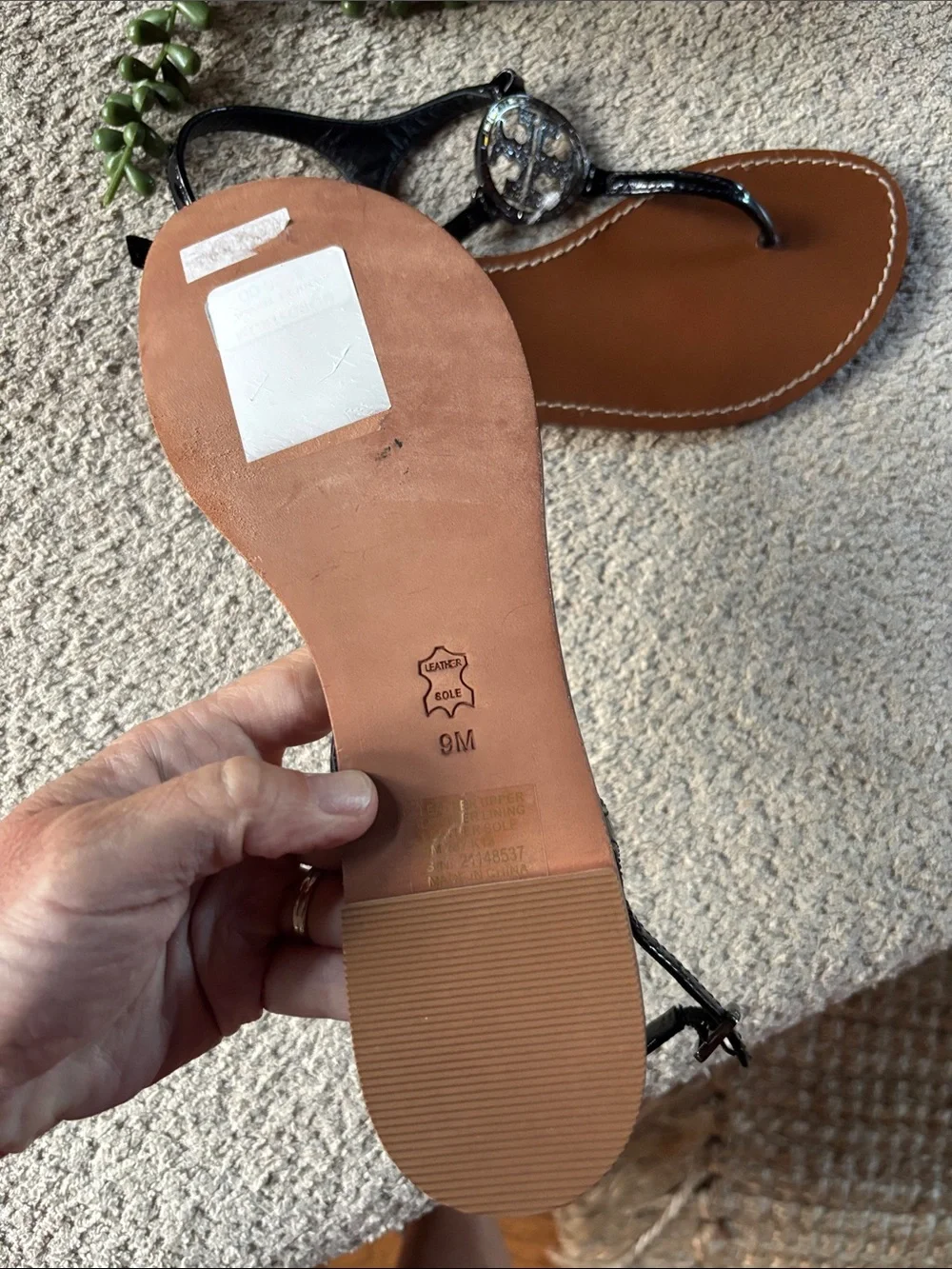 Tory Burch Black Patent Miller Thong Sandals with Brown Leather Footbed